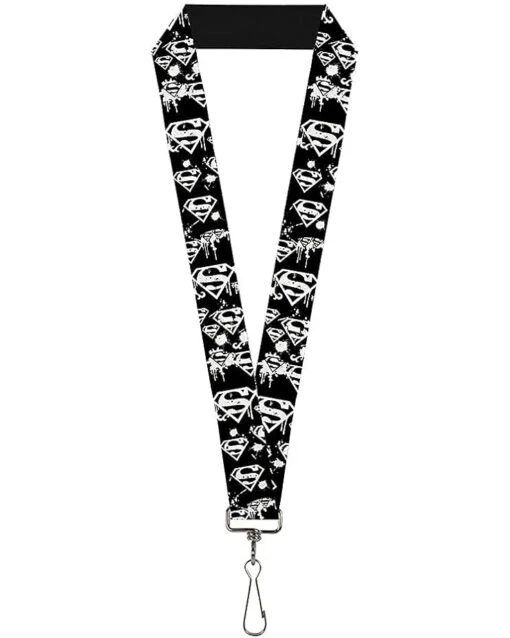 Buckle-Down Lanyard-1.0-Superman Shield Splatter Black/White -Fashion Accessories Store